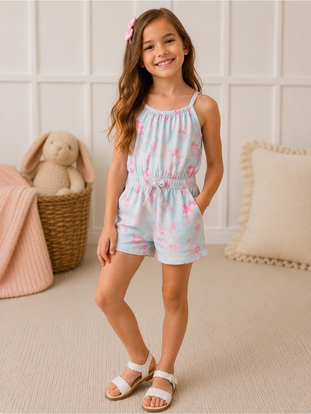 Cat&Jack Girls Floral Romper Size 4/5 Blue Pink Sleeveless Elastic Waist Pockets